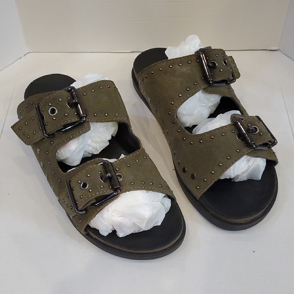 Vince Camuto Leather Studded Olive Green Sandals with Buckles Size 9M / 40